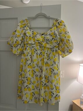 Trixxi Yellow Lemon-Print Puff Sleeve Mini Dress